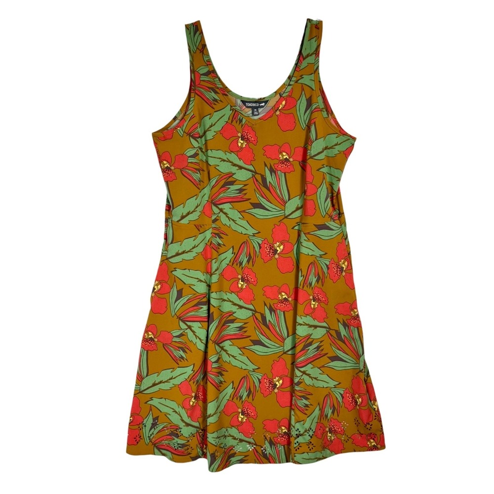 Toad&Co Crusher Dress Size M Tropical Floral Travel Sundress Pockets UPF 50 Boho
